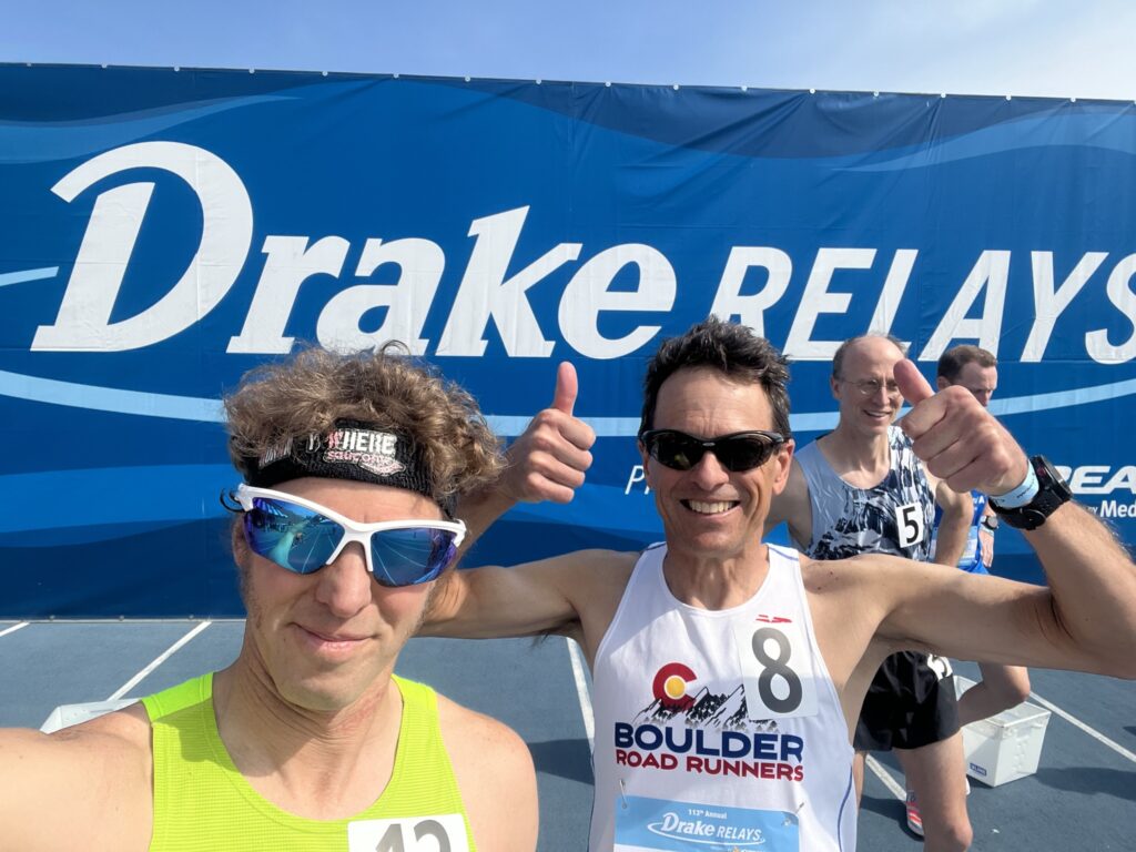 John Borthwick is all smiles after back-to-back performances in the Grand Blue Mile (M55 road mile champion!) and the Drake Relays (800m). 